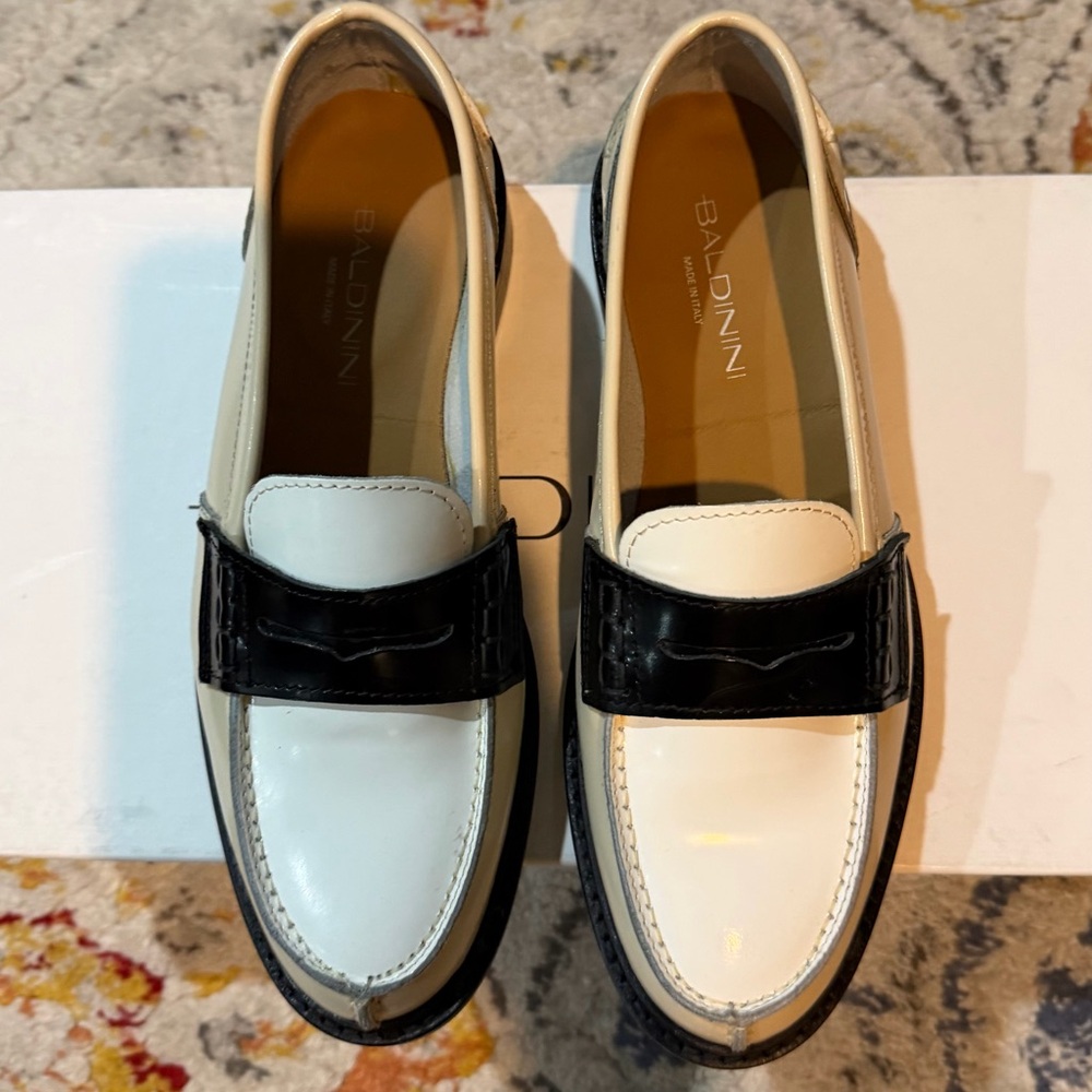 Baldinini Black and White Two-Tone Leather Penny Loafers